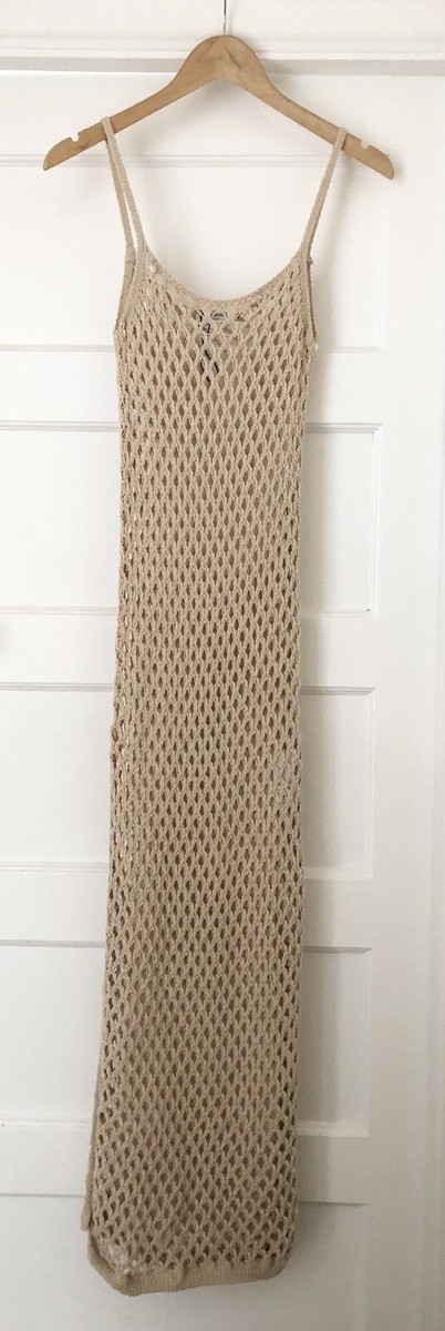 Crochet Maxi Dress Beige Open Knit Sheer Long Cover Up Size S Stradivarius