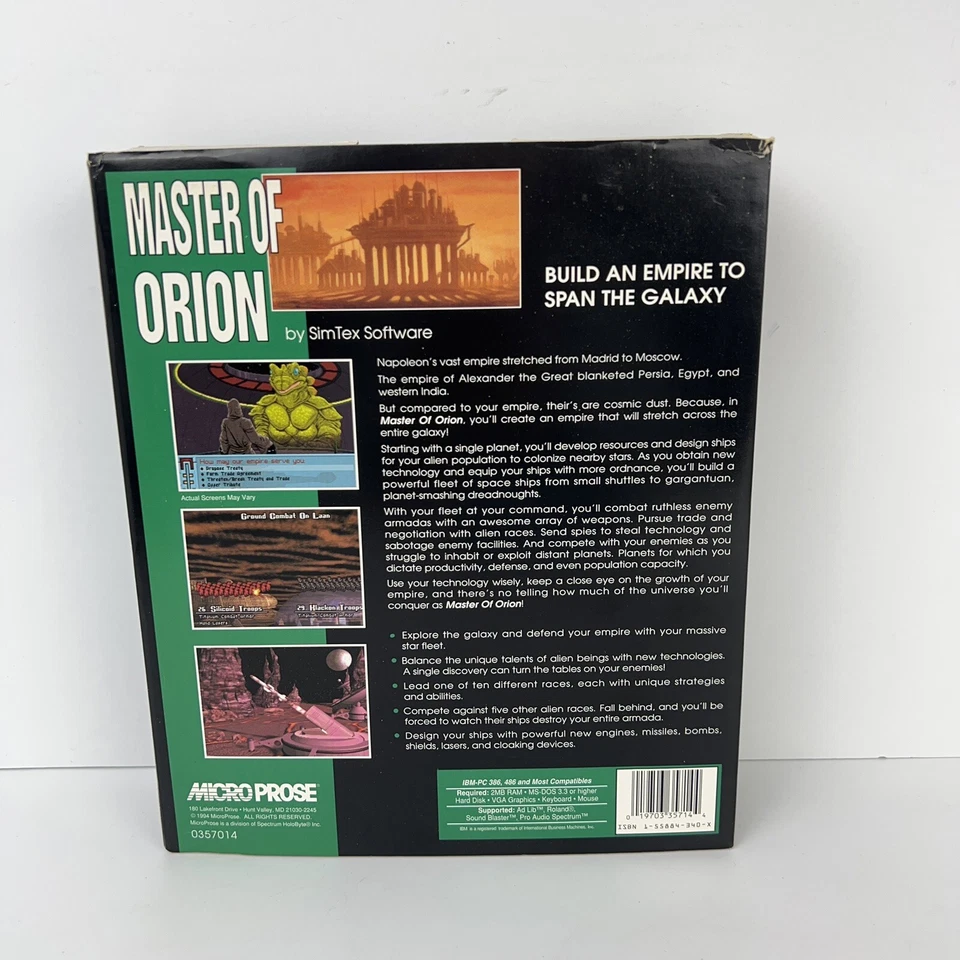"Disquete Master Of Orion Microprose IBM 3,5"" caja grande sin manual" Foto 2 de 3