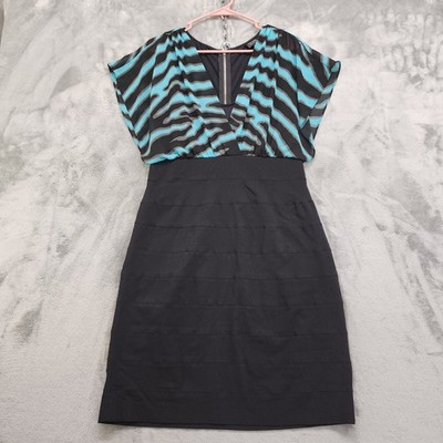Vintage 90s Y2K Nicole Miller Dress Size 12 Blue Black Chiffon Overlay Bandage