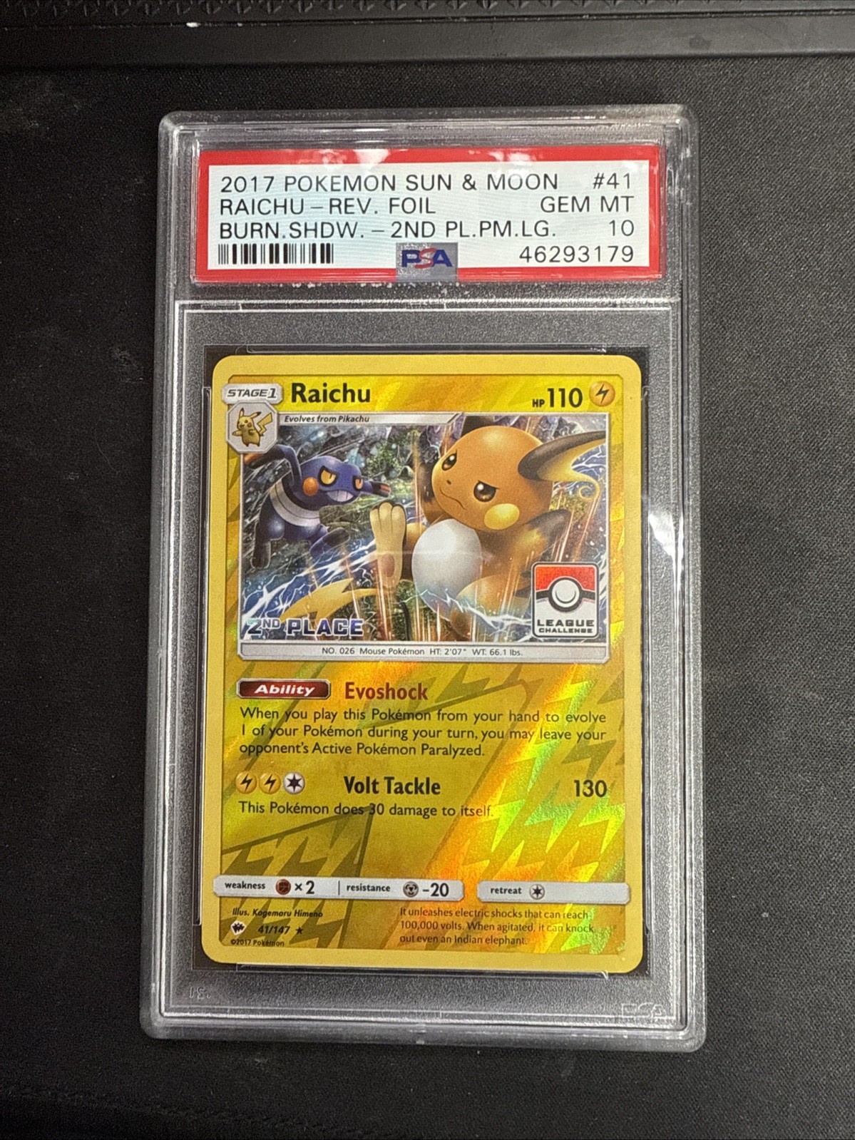 PSA 10 Raichu 41/147 2nd Place LEAGUE HOLO PROMO Pokemon (Low Pop)