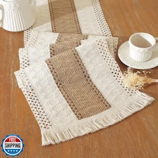 Farmhouse Decor Boho Table Runner with Macrame, Elegant Beige Brown Coffee Ta
