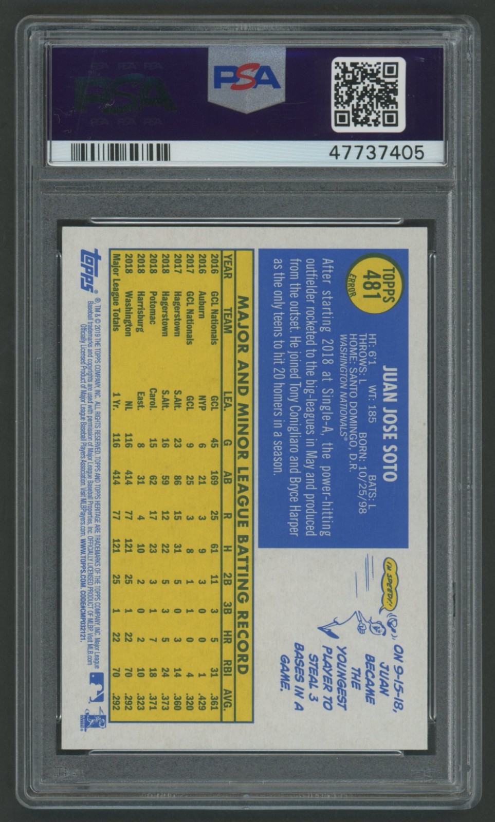 2019 PSA 10 GEM MINT Topps Heritage ERROR 481 Juan Soto Variation "Natoinals" SP view 2