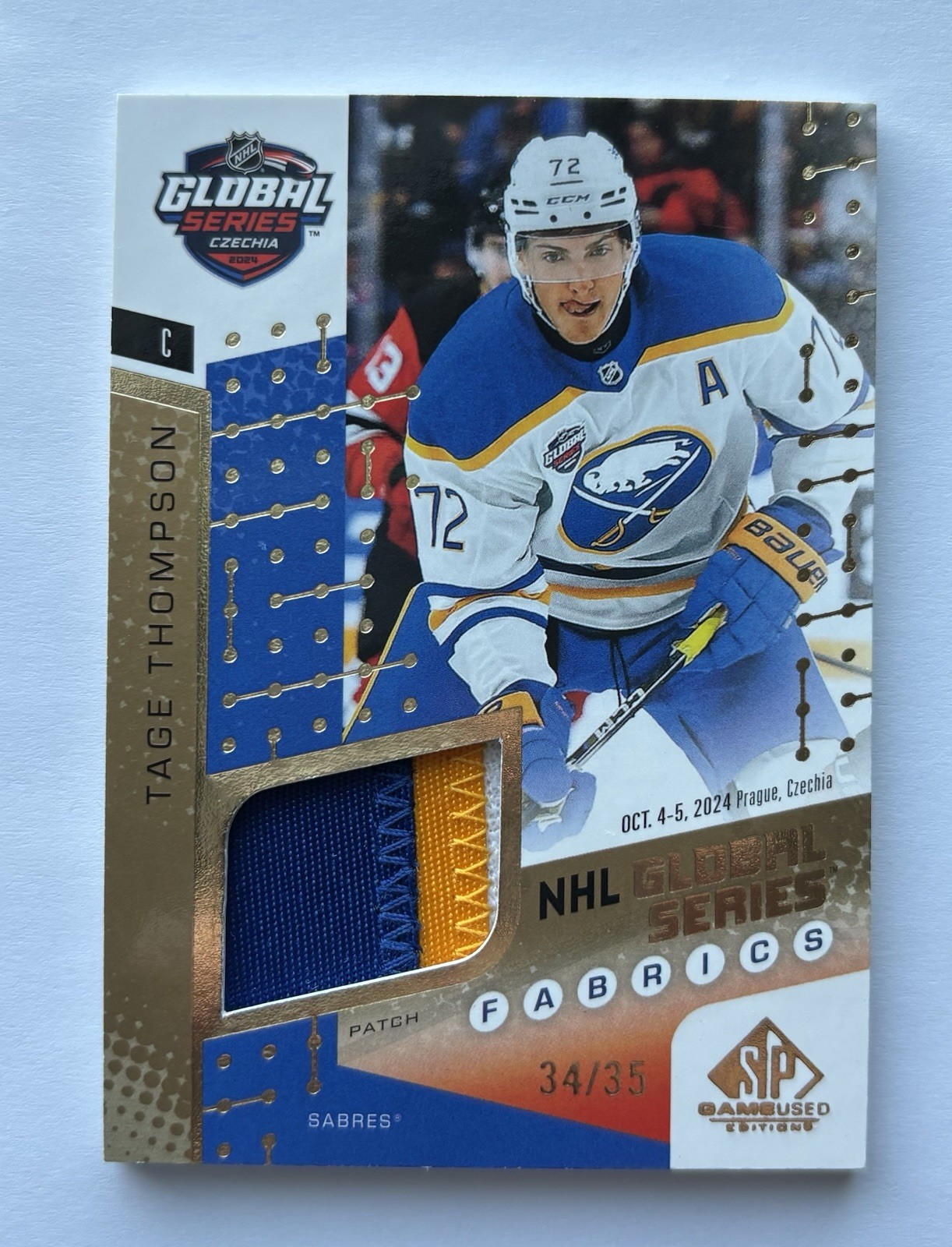 UD 2025-26 SP Game Used Tage Thompson Global Games Patch 34/35 Buffalo Sabres!