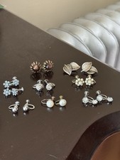 Vintage Clip On Earrings Lot 8 Rhinestone Faux Pearls Faux