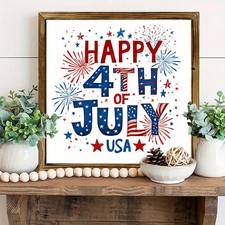 Happy 4th of July USA Wooden Plaque Patriotic Fireworks Independence Day Decor