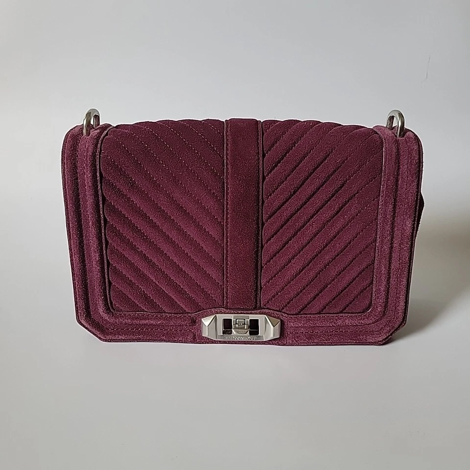 Bolso Bandolera Rebecca Minkoff Chevron Acolchado Gamuza Love Púrpura Solapa Bloqueo Giratorio Foto 2 de 4
