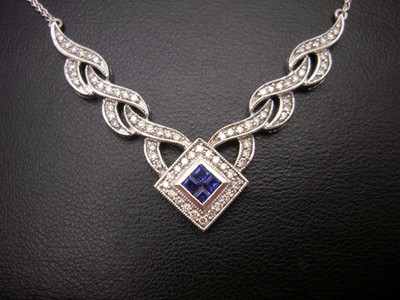 EFFY BITA 14K WHITE GOLD DIAMOND SAPPHIRE INTERTWINED V BAR NECKLACE - 9.5 GRAMS