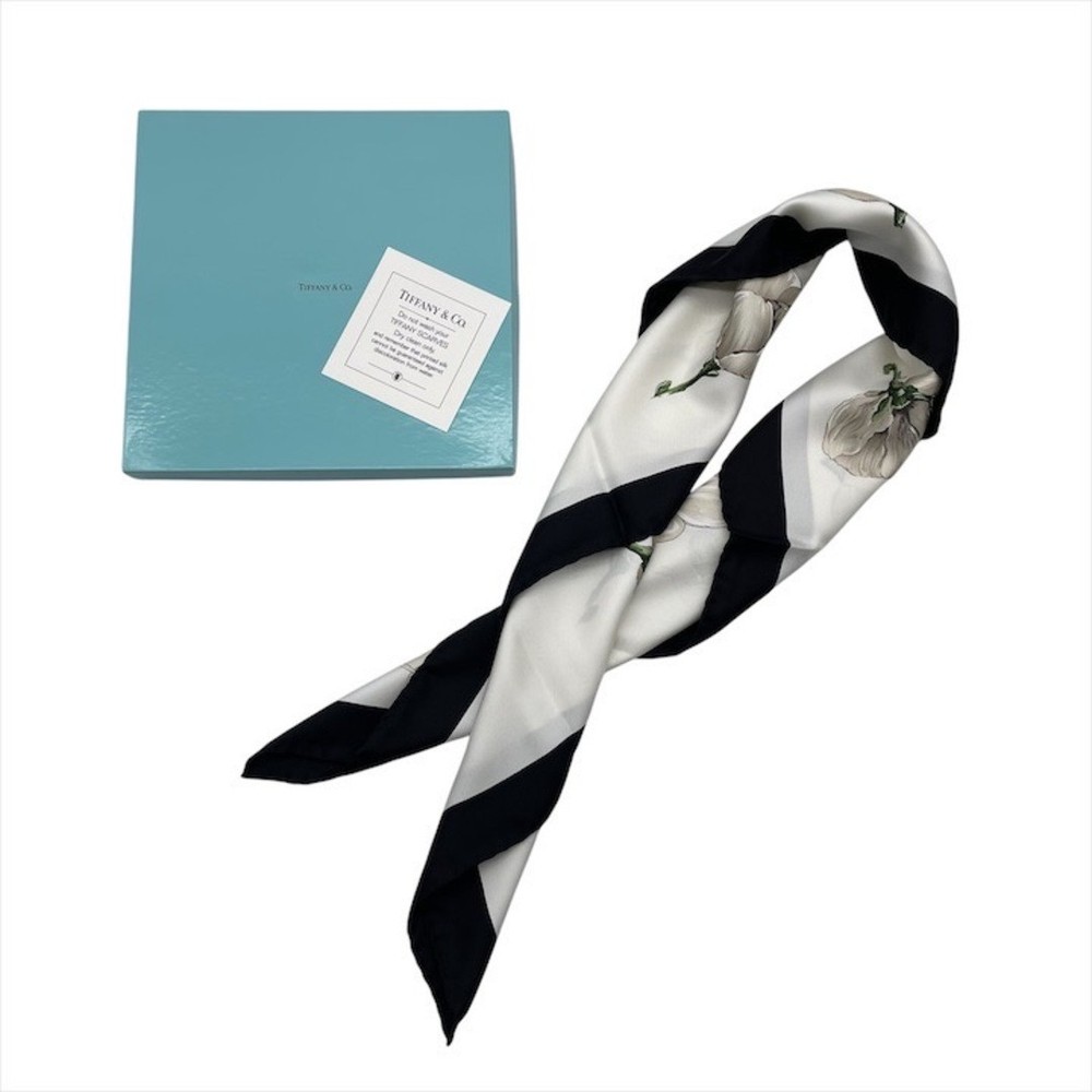 Tiffany & Co Large Silk Scarf Stole Floral White Black Accessory  