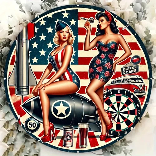 Vintage American Pin-Up Tin Metal Signs Art Sign - 8x8 Inch Round Retro Poster