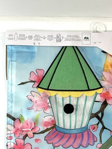 "Casa de pájaros de hoja perenne y pájaros sobre apliques de flores de cerezo bandera de jardín 12,5""x18""" - Imagen 18 de 18