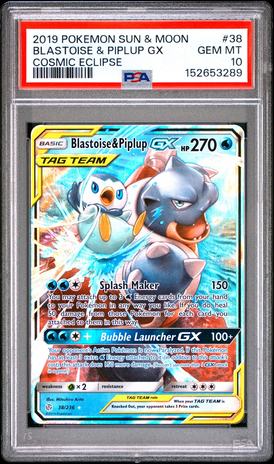 2019 POKEMON SUN & MOON COSMIC ECLIPSE #38 BLASTOISE & PIPLUP GX PSA 10