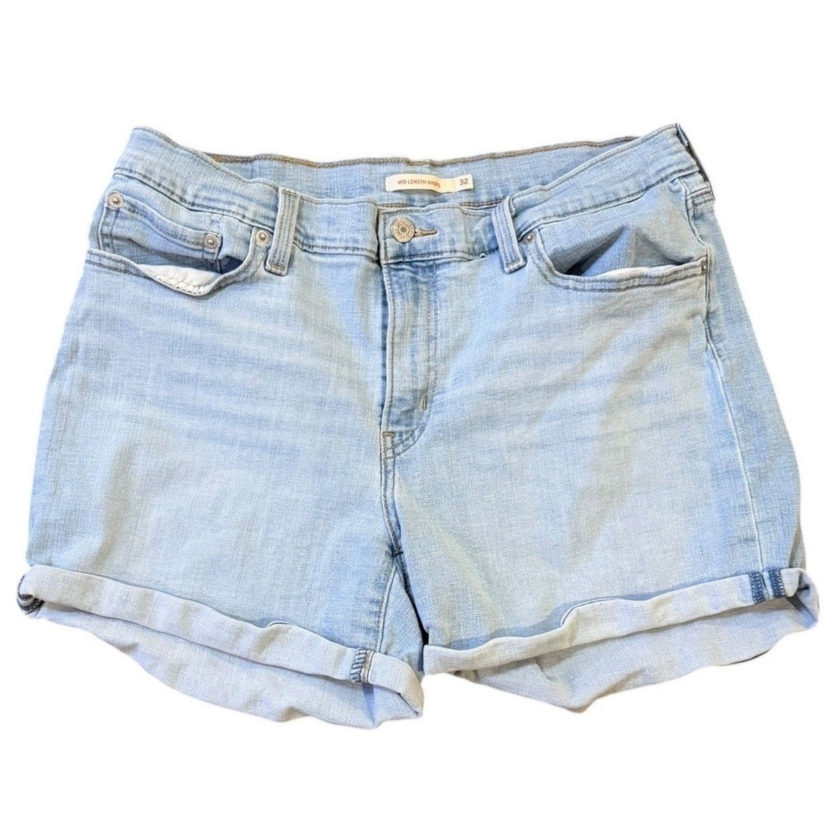 Levis Light Wash Denim Shorts Cuffed Hem Mid Rise Stretch Womens