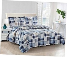 Plaids and Stripes Patchwork, 3-Piece Quilt Set with 2 Quilt Set King Blue