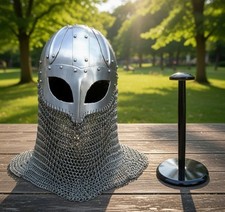 Handmade Viking Chainmail Helmet 18G Steel   Medieval Armor with Display Stand