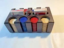 Antique Vintage Wood Poker Chip Holder  with Chips and Cards