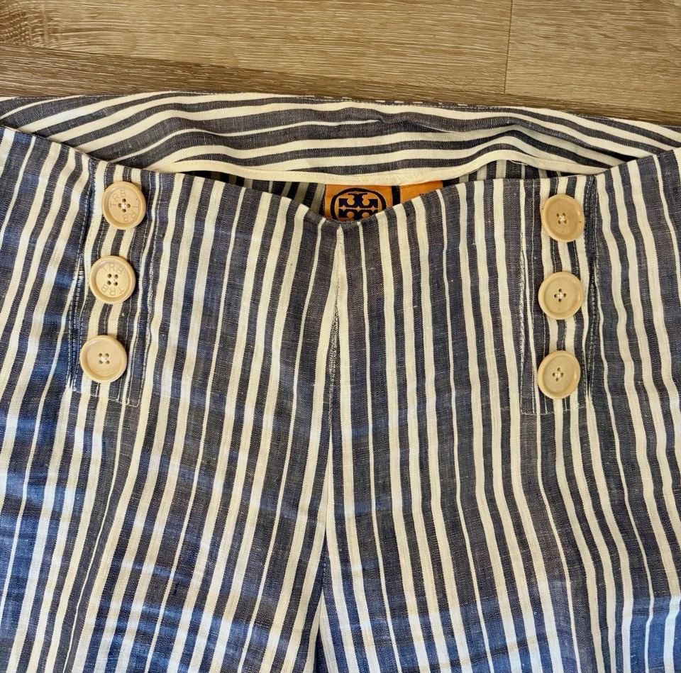 Tory Burch 100% Linen Wide Leg Blue White Striped Pants Sz 14 Nautical - Image 2 of 4