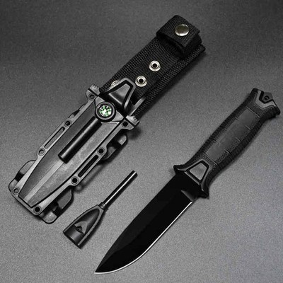 7.28'' Fixed Blade Knife Tactical Sheath Compass Flint Whistle Camping Hiking 