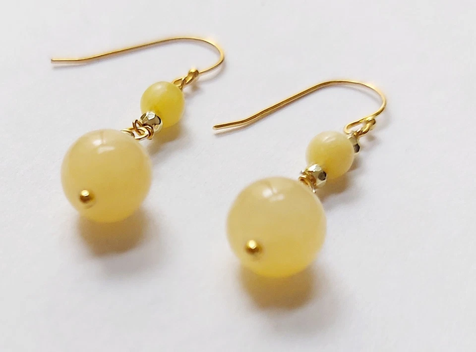 Orecchini in argento 925 laminato oro pietre giada gialla tonda ematite dorata - Immagine 4 di 4