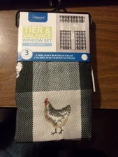 INTERIORS~CHICKENS on BLK/WHITE~3 PC. TIER & VALANCE CURTAIN SET~NEW~ROD POCKET