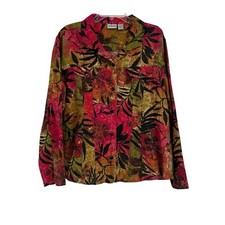 Chico's Womens 100 Linen Floral Button Up Jacket Size 2 L Long Sleeves