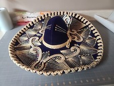Vtg Mexican Sombrero Mariachi Hat Sequined Embroidered Blue Gold 22  Pigalle 5X