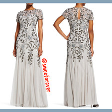 NEW 300 Adrianna Papell Floral Hand Beaded Godet Gown in Silver SZ 8 M824