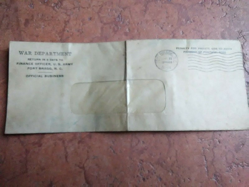 (17-8) COLLECTIBLE MILITARIA ENVELOPE: U.S. WAR DEPT. / 1936 / FORT BRAGG NC