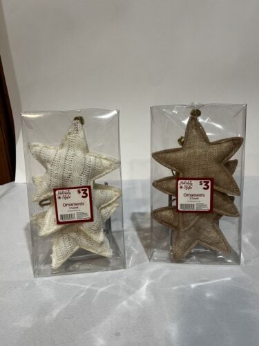 Six Star Ornaments-4 White Sweater Knit And 3 Tan Canvas - Picture 1 of 2