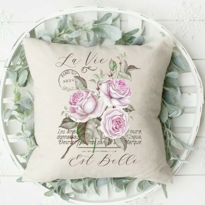 Funda de almohada de campo francés, La Vie, 16 x 16 pulgadas, rosa, interior/exterior Foto 2 de 3