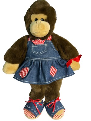 Vintage Build a Bear Monkey Chimp 1990 s With Denim Strap Dress  - 17'' L
