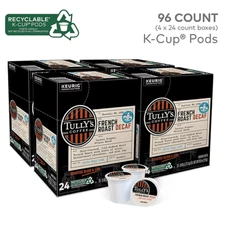 Tully's French Roast Decaf Coffee Keurig K-Cup Pods, Dark Roast, 96 K-Cups