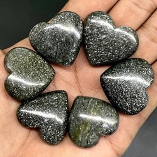 6 Pcs Natural Black Sunstone 25-26mm Heart Loose Glitter Cabochon Gemstones Lot