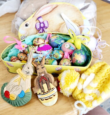 Rabbit Tin & Easter Egg Ornaments, Floral, Rabbit, Some Items Vintage       EOT