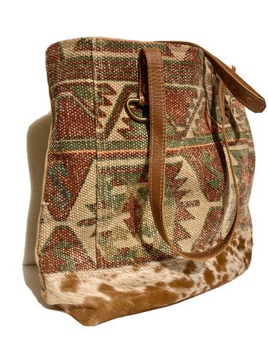 Myra Purse XLG. Genuine Leather Cowhide & Cotton. Aztec Print. Clean Nice Gift !