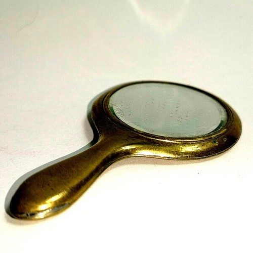 π Antique Brass Hand Mirror Bevelled 60mm x 110mm Purse Hand Bag Dressing Table - Picture 4 of 12