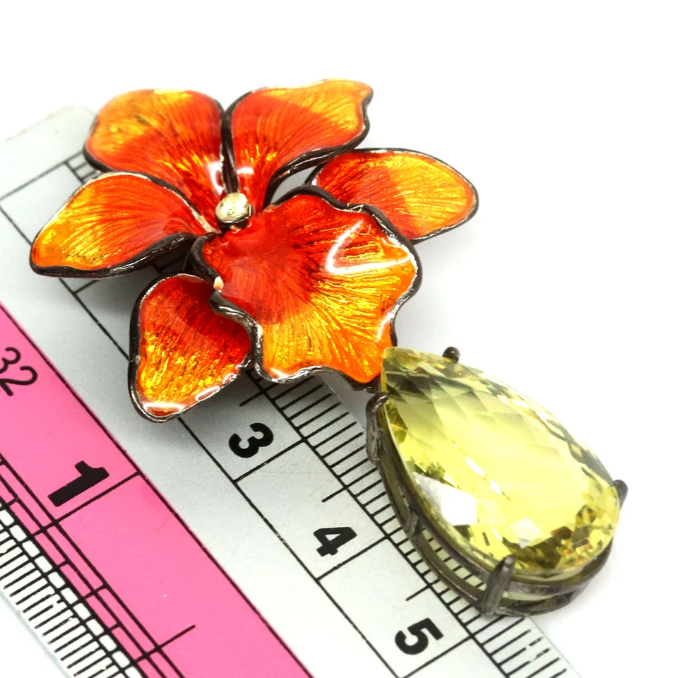 12 X 21 мм. Брошь цветок эмаль лимон-кварц и сапфир серебро 925 пробы - Изображение 3 из 4