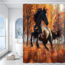Black Horse Shower Curtain Autumn Forest Falling Leaves Nature Animal Bathroom