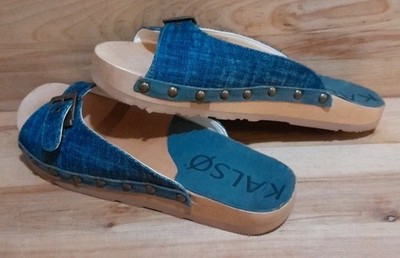 KALSO: Earth SERENITY DENIM/WOOD Negative Heel Sandals Women size7 Slip-On  NEW!