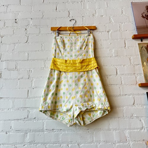 Vtg 1950s Catalina White Yellow Green Floral Swimsuit Medium