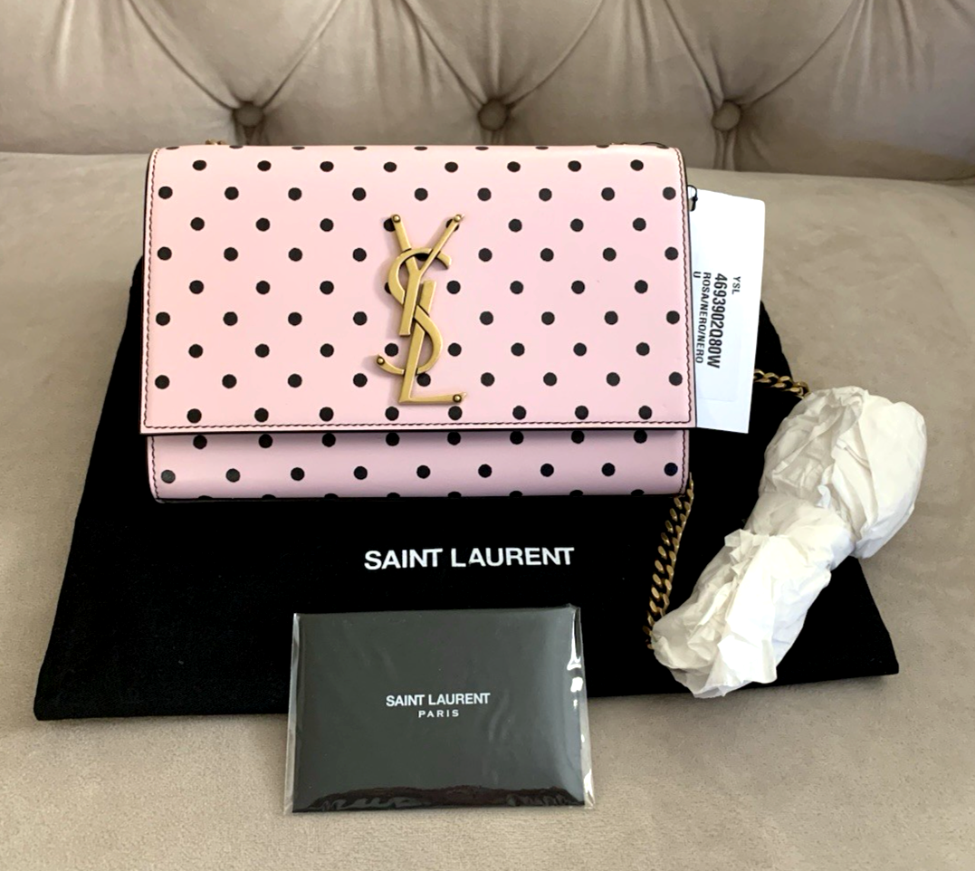 Borsa a tracolla Saint Laurent YSL Small Kate in pelle a pois rosa nero oro nuova con etichetta!