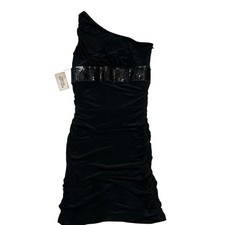 Vintage Forever 21 Y2K Dress S Black One Shoulder Babydoll Mini Sequin Ruched