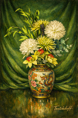 Vladimir Tretchikoff - Chinesisches Porzellan Blumenstillleben Ölgemälde Smaragd D