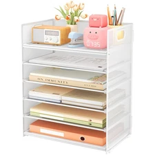6-Tier White Metal Mesh Paper Organizer for Desk with Handle Letter Tray