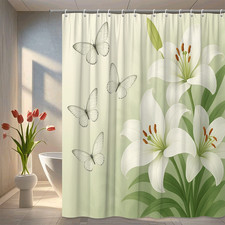 Elegant White Floral Shower Curtain with Butterflies