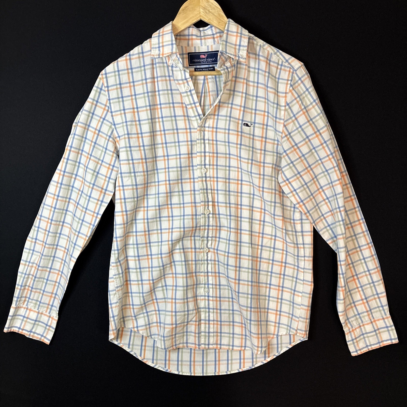 Vineyard Vines Shirt Mens Small Blue Orange Green Check Slim Fit Whale Button Up
