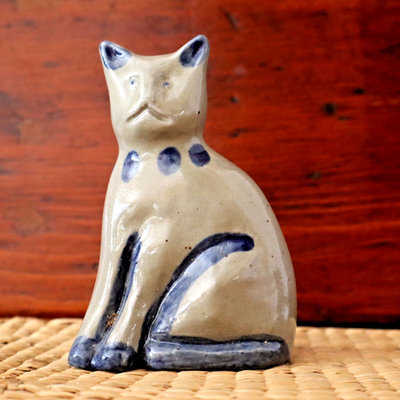 #ad vtg BBP Beaumont Brothers Pottery salt glazed cobalt blue CAT figurine 4quot; 1997 $19.36