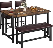 GARVEE Compact Kitchen Dining Set with Bench + Chairs,Rustic Industrial Wood Top