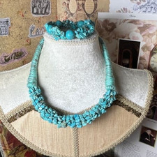 Beaded Turquoise Statement Choker Necklace  Stretch Bracelet V933