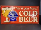 Vtg Pabst Blue Ribbon PBR Cold Beer What'll You Have? Tin Metal Sign 35" x 17"