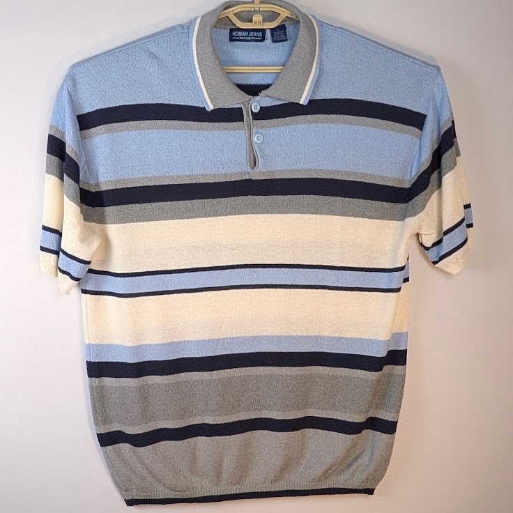 VTG Koman 80s Golf Polo Shirt Mens L Blue Stripe Waistband Dad Grandad EUC